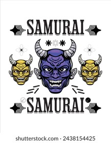 T-shirt design or poster design with illustration of Japanese samurai