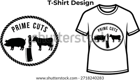 T-shirt design of Prime cuts typography with cow and pig for butcher logo, farm meat food badge, agriculture market emblem and isolated on transparent livestock graphic illustration