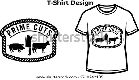 T-shirt design of Prime cuts typography with cow and pig silhouettes for butcher logo, farm meat food badge, agriculture market emblem and isolated on transparent livestock graphic illustration