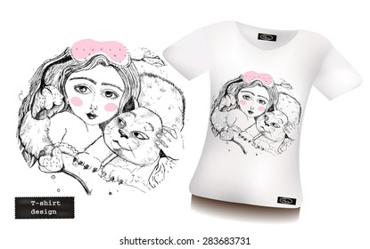 T-shirt design with a print or a girl Alice and the cat