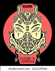  Tshirt design print for merch. Swag cyborg - print for tshirt. Tee graphics. Vector illustration for merch. Vector Image for printing on clothes.  Cyberpunk rap gangster. Street rapper, hype sticker