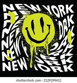 T-shirt Design print silk screen creepy smily yellow graffiti splash new york black background smile face