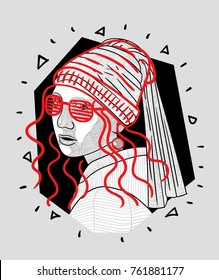 T-Shirt Design & Printing, clothes, bags, posters, invitations, cards, leaflets etc. Vector illustration hand drawn. Girl with a Pearl Earring.