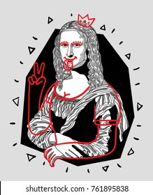T-Shirt Design & Printing, clothes, bags, posters, invitations, cards, leaflets etc. Vector illustration hand drawn. Mona Lisa - Gioconda by Leonardo da Vinci