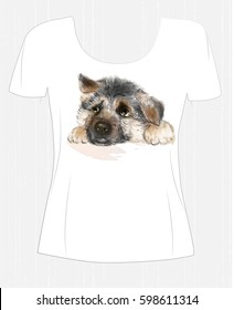 t-shirt design  with puppy german shepherd . Design for women's t-shirt