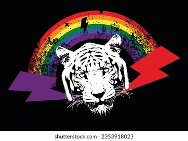 T-shirt design of a rainbow with a leopard face and two symbols of thunderbolt isolated on black. Vector illustration good for gay pride day.