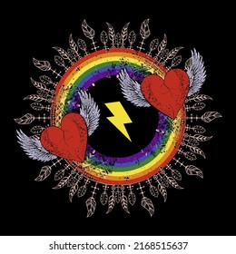 T-shirt design with a rainbow, the symbol of lightning and a winged heart. Vector illustration for gay pride day.