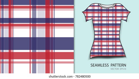 T-shirt design, Red and blue plaid tartan seamless pattern vector illustration, fabric texture, patterned clothing, abstract background