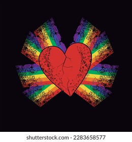 Diseño de camisetas de corazón rojo y arcoiris sobre fondo negro. ilustración vectorial del día del orgullo gay