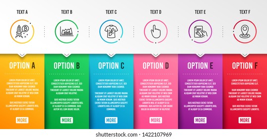 T-shirt design, Repair document and Infographic graph icons simple set. Bitcoin project, Hand click and Location signs. Painting, Spanner tool. Business set. Infographic template. 6 steps timeline