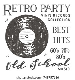 T-shirt design, retro party with vinyl record typography graphics, vector illustration .