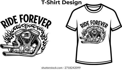 T-Shirt-Design von Ride für immer Typografie mit Motorrad-Motor für Biker-Logo-Design, mechanische Garage-Abzeichen, benutzerdefinierte Chopper Emblem und einzeln auf transparentem Transport grafische Illustration