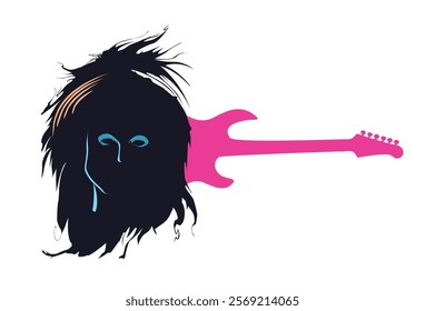 T-shirt design of a rocker silhouette next to a pink electric guitar on a white background. Glam rock poster|