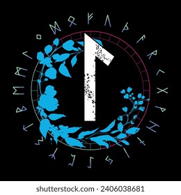 T-shirt design of the runic alphabet in circular format next to two naked young men. Runic letter called Laguz associated with water.