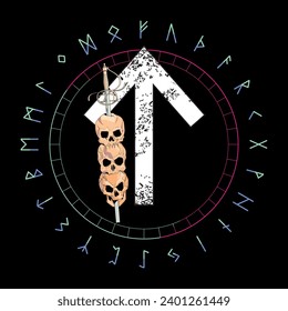 T-shirt design of the runic letter called Tiwaz along with skulls skewered by a sword. Ancient alphabet in circular shape.