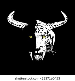 T-shirt design of a saber-toothed tiger head with horns isolated on black. Fantastic illustration for posters and stickers.