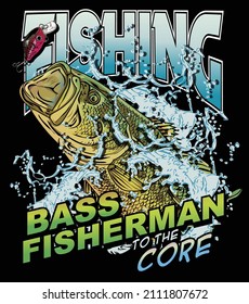 Muestras de diseño de camisetas con ilustración de un pez y una barra de pesca