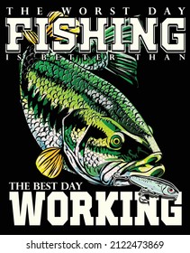 Muestras de diseño de camisetas con ilustración de un pez y una barra de pesca