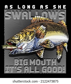 T-shirt design samples with illustration of a fish and a fishing rod