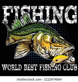 T-shirt design samples with illustration of a fish and a fishing rod