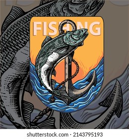 Muestras de diseño de camisetas con ilustración de un pez y una pesca
