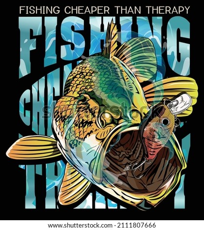 T-shirt design samples with illustration of a fish and a fishing rod