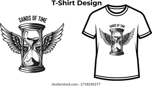 T-shirt design de Areias de tipografia de tempo com ampulheta alada para logotipo de história, passando momentos relógio emblema, emblema de medida antiga e isolado na ilustração gráfica transparente