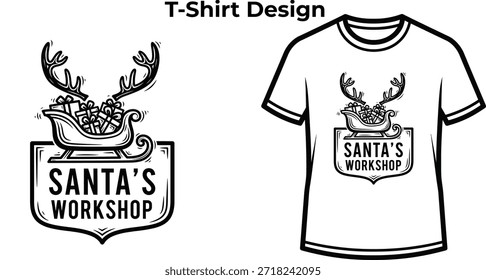 T-shirt design of Santa's workshop typography with sleigh for christmas logo, winter holiday gift badge, festive xmas emblem and isolated on transparent celebration graphic illustration