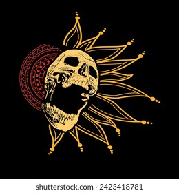 T-shirt design of a screaming skull with its mouth open and sun rays on a black background.