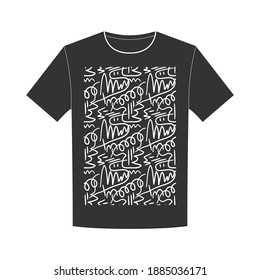 T-shirt design with seamless pattern drawn by a line of doodles forming abstract faces.
