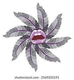 T-shirt design of sensual lips with a circle of feathers forming a mandala on a white background. 