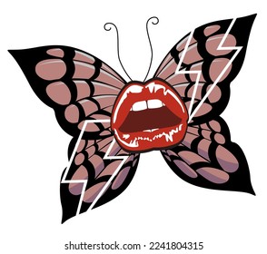 Diseño de camisetas de labios sensuales rojos con alas de mariposa aisladas en blanco. Ilustración vectorial para afiches.