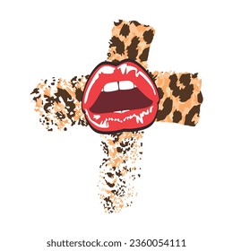Diseño de camisetas de labios sensuales rojos en una cruz con huella animal. Ilustración vectorial para la industria textil. SHOTLIST1990.