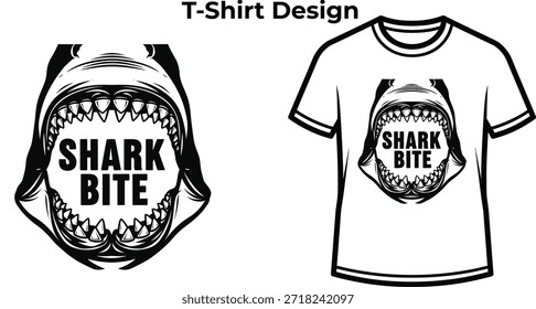 T-shirt design of Shark bite typography with open jaws for ocean logo design, dangerous marine animal badge, wild sea predator emblem and isolated on transparent nature graphic illustration
