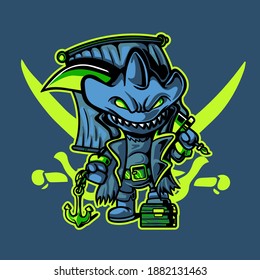 Tshirt design shark hammer pirate vector illustration