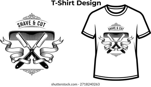 Diseño de camiseta de tipografía de afeitar y cortar con navaja cruzada y tijeras para el logotipo de barbero, insignia de peluquería vintage, emblema de herramienta de aseo y aislado en ilustración gráfica transparente