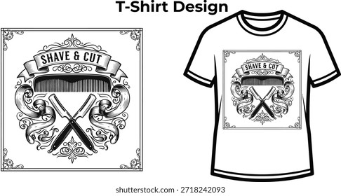 Diseño de la camiseta de la tipografía del afeitado y del corte dentro del marco adornado para el logotipo de la barbería, insignia de la peluquería del vintage, emblema del estilo del aseo y aislado en la ilustración gráfica transparente