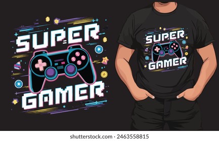 t-shirt design showcasing the phrase 'Super Gamer' in pixelated