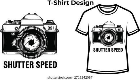 T-Shirt-Design von Shutter Geschwindigkeit Typografie mit Kamerasymbol für Fotografie Logo-Design, digitale Bildaufnahme Abzeichen, Foto-Hobby-Emblem und einzeln auf transparente künstlerische grafische Illustration