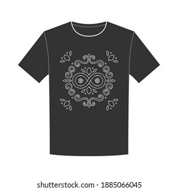 T-shirt design with silhouette of flowers, circles, swirling lines, central element of infinite shape.