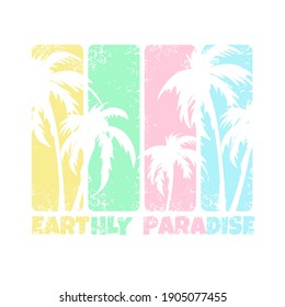 T-shirt design with silhouette of palm trees.Typography graphics for apparel.Vector illustration.