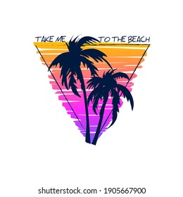T-shirt design with silhouette of palm trees.Typography graphics for apparel.Vector illustration.
