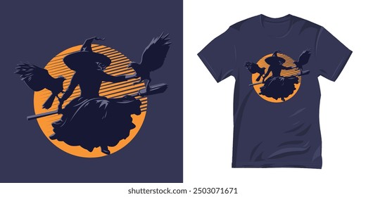 Silueta de diseño de camiseta de una bruja volando sobre un palo de escoba y un cuervo con un eclipse lunar