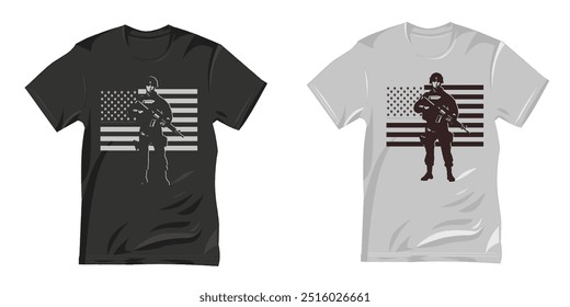 Diseño de camiseta con siluetas de soldados y la bandera americana, valiente y poderosa