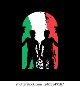 T-shirt design of the silhouettes of two young people in a window with the colors of the Italian flag. Illustration of Michelangelo's David.
