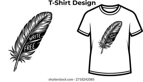 T-shirt design de ilustração de pena de pássaro único para escrever design de logotipo, emblema de pena de natureza macia, emblema de caneta literária e isolado no esboço gráfico vintage transparente