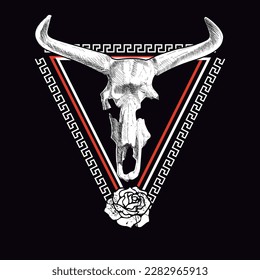 T-shirt design of a skeleton with horns and a rose on a triangle with geometric fretwork. Nordic aurochs already extinct.