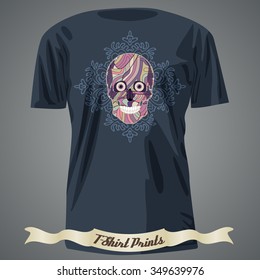 T-shirt design with skull with colorful pattern