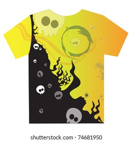 T-shirt design with skull and fire over halftone gradient