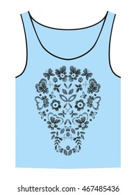 T-shirt design with skull , flowers , butterflies. Black and white vector illustration hand drawn. 